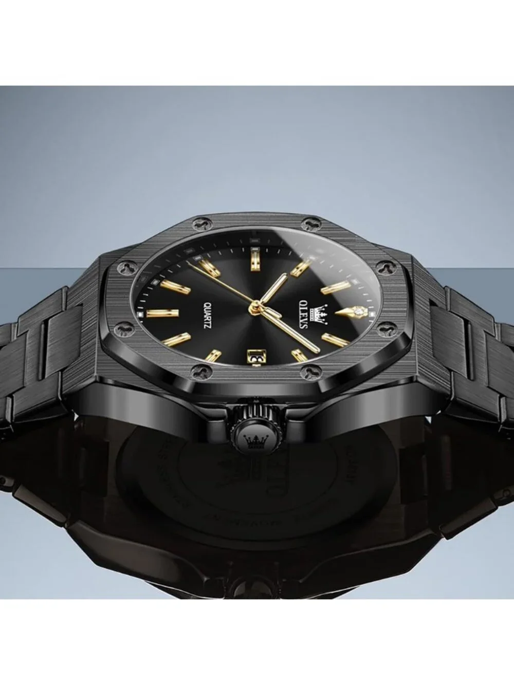 Men's Black Octagonal Luxury Stainless Steel Quartz Analog Large Face Wristwatch